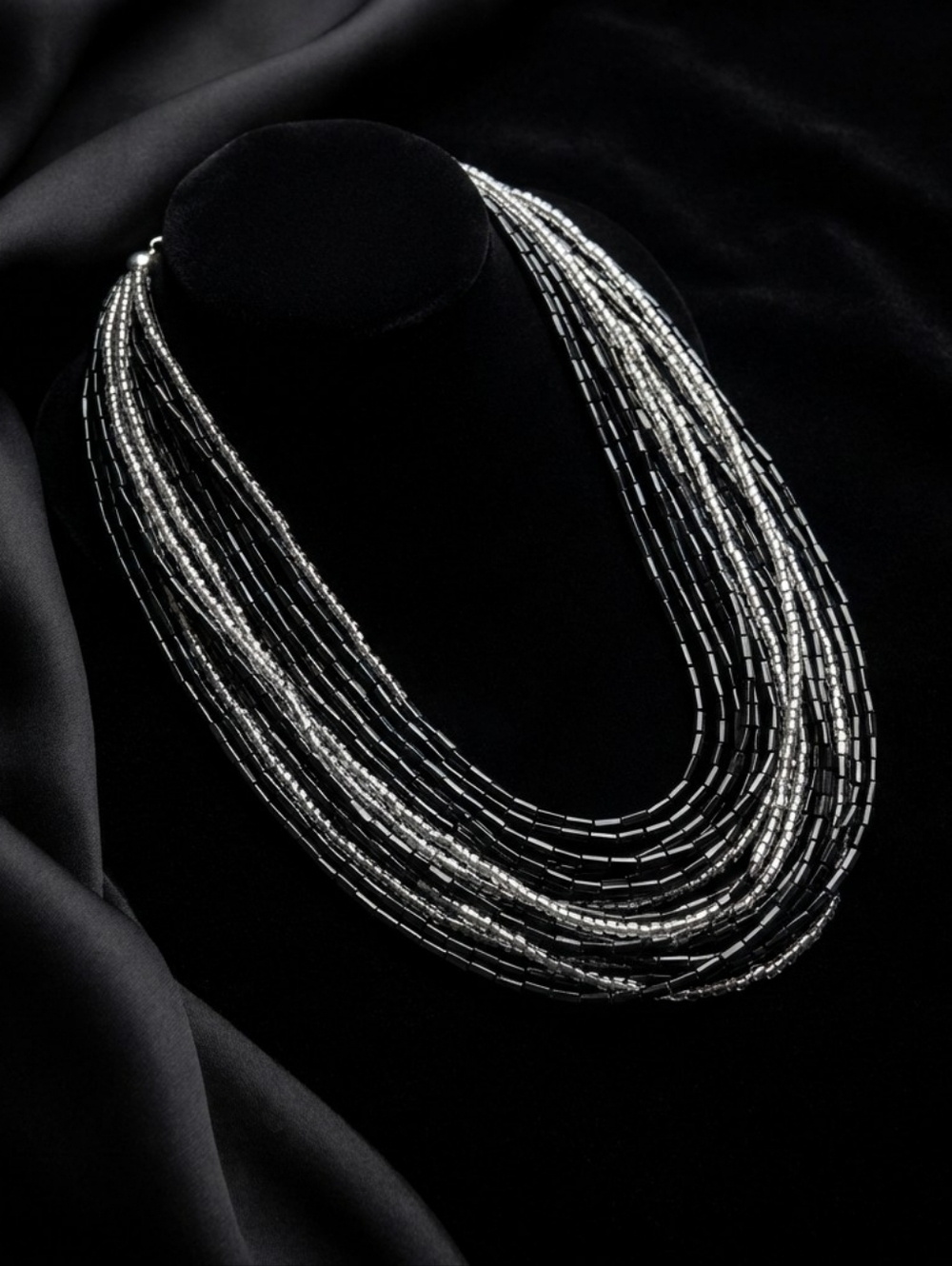 Elegant Multi-Strand Seed Bead Necklace - Black & Silver Tone cns - Picture 6 of 10